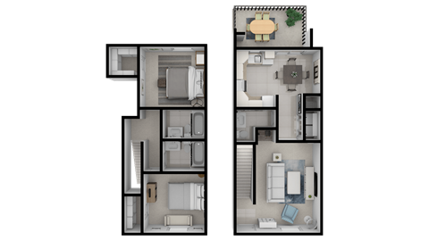 Floor plan for 2 beds, 2 baths, 1045 sqft